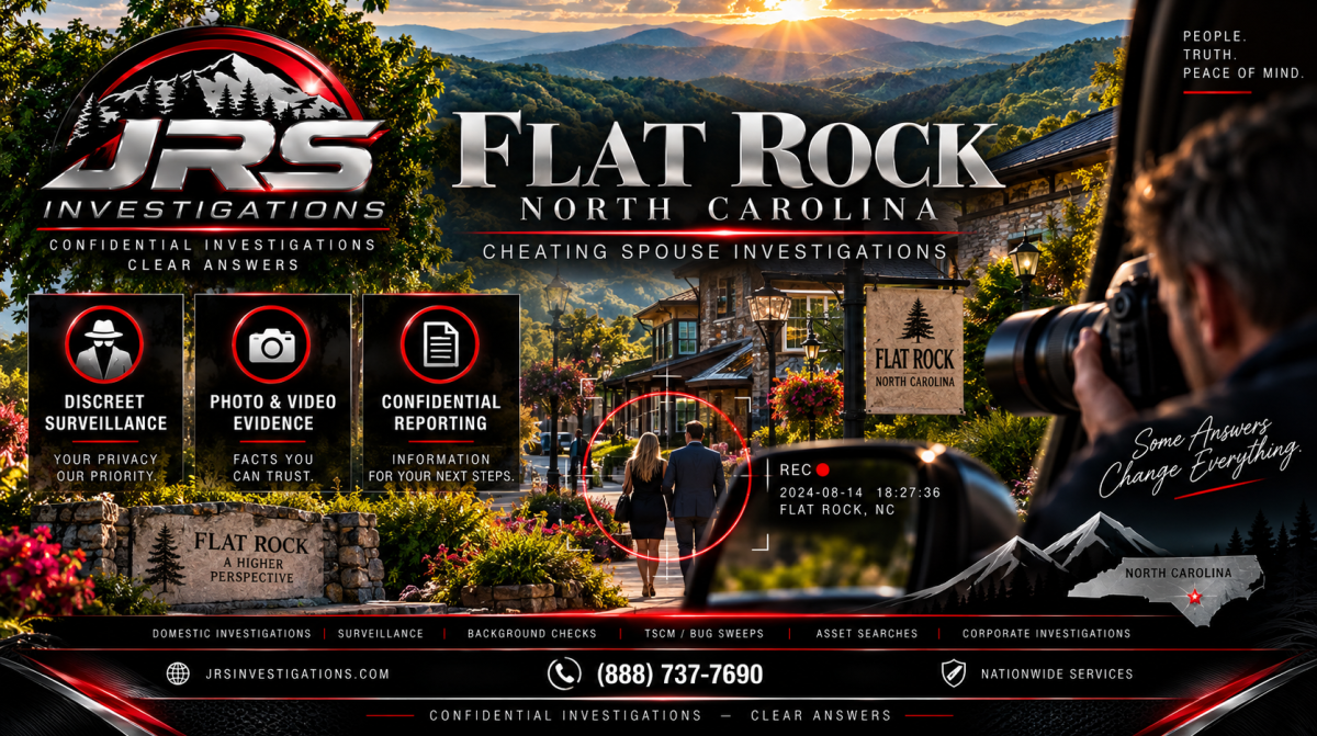 JRS Investigations cheating spouse surveillance in Flat Rock North Carolina with Blue Ridge mountain scenery and professional investigation branding.