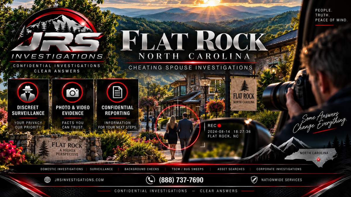 JRS Investigations cheating spouse surveillance in Flat Rock North Carolina with Blue Ridge mountain scenery and professional investigation branding.