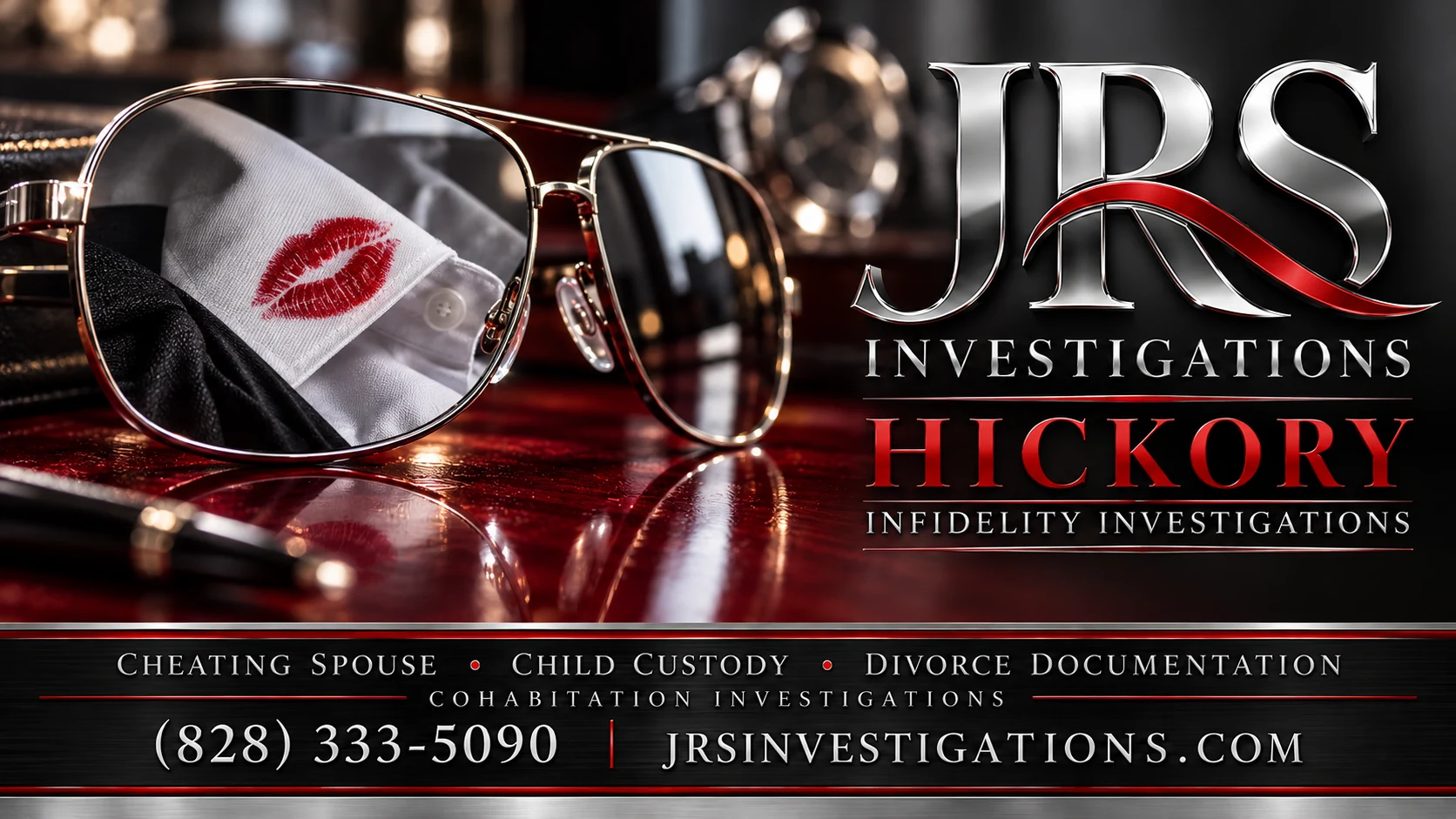 Hickory infidelity investigations by JRS Investigations, silver sunglasses reflecting a lipstick mark on a shirt collar
