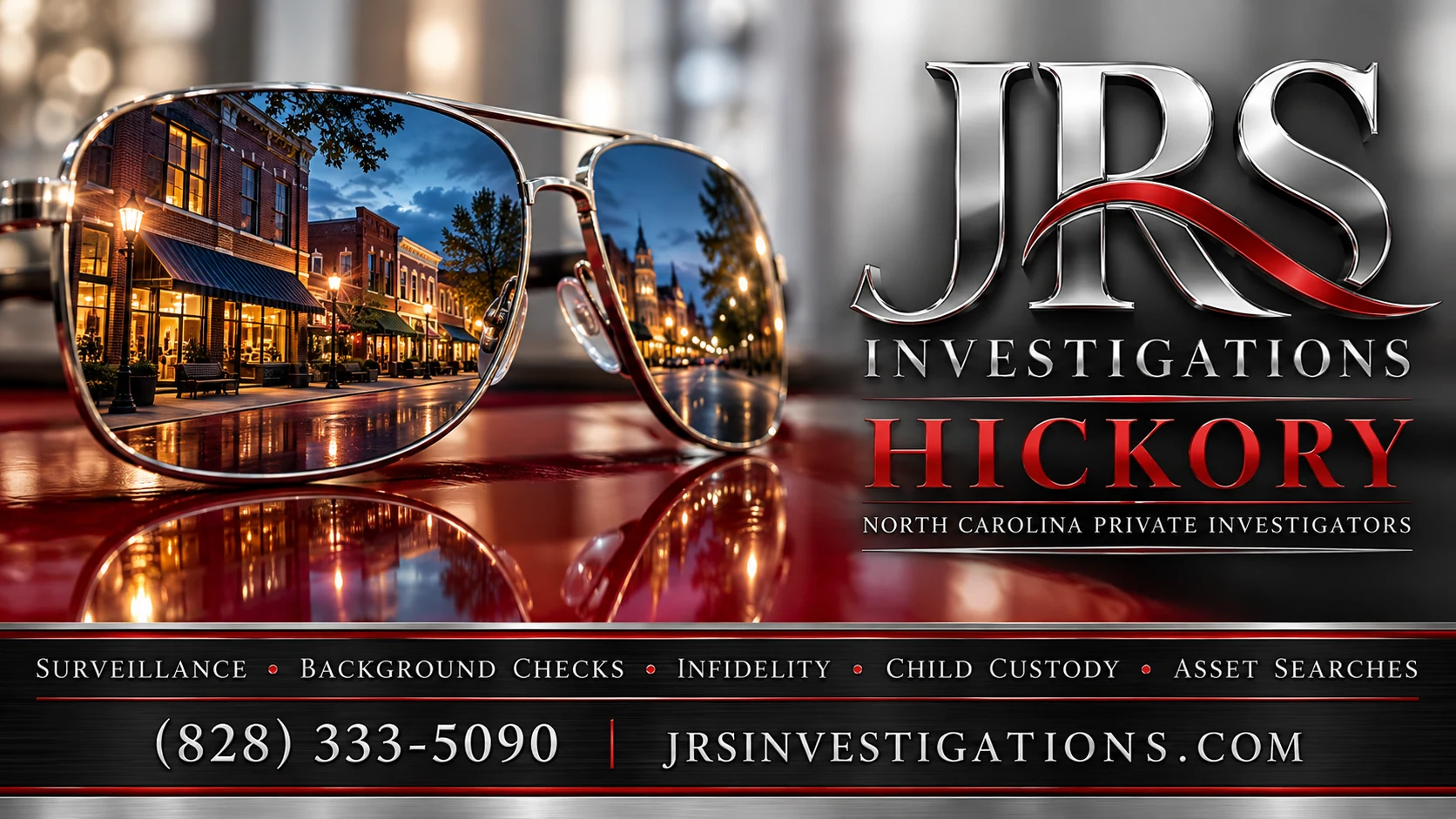JRS Investigations Hickory North Carolina private investigators, with downtown reflected in silver sunglasses