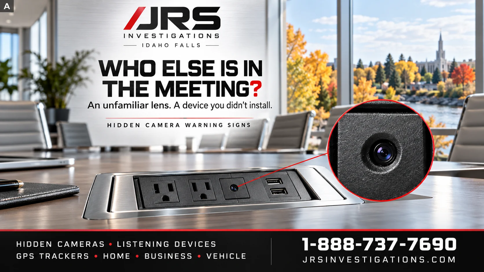 Idaho Falls warning signs: an unfamiliar camera lens in a conference-room outlet. JRS Investigations 1-888-737-7690.