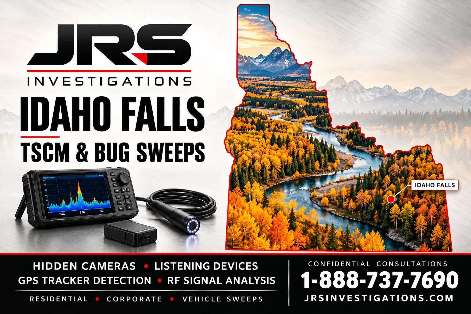 JRS Investigations Idaho Falls bug sweeps with autumn Idaho outline and detection equipment. Call 1-888-737-7690.