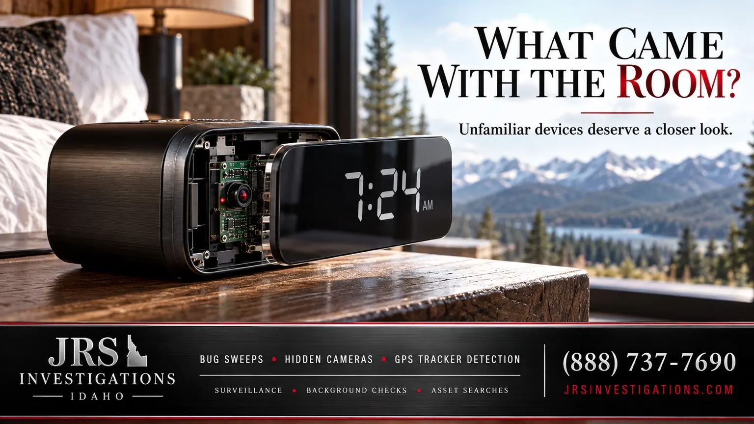 An unfamiliar alarm clock with a concealed camera: Idaho hidden-camera detection by JRS Investigations.