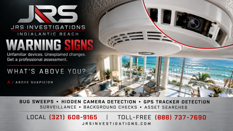 Concealed camera in a smoke detector illustrating TSCM warning signs in Indialantic Beach