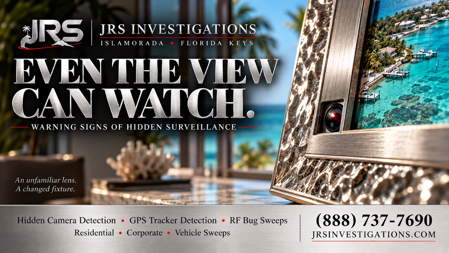 Islamorada hidden surveillance warning signs: concealed camera lens in a picture frame, JRS Investigations