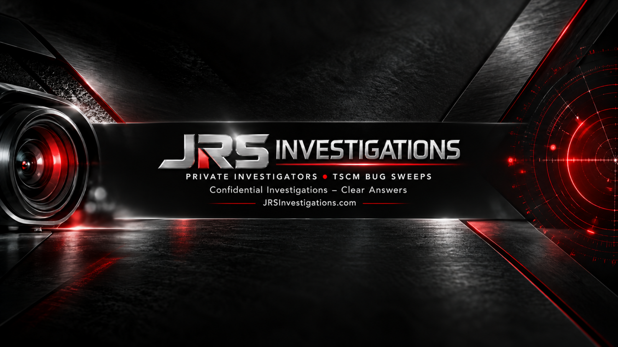 JRS Investigations approved metallic YouTube artwork with camera lens and red radar