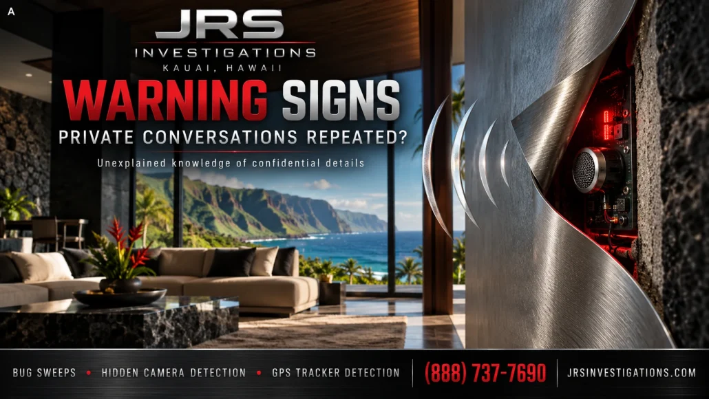 Kauai warning signs: peeled silver wall reveals a concealed microphone beside a coastal villa