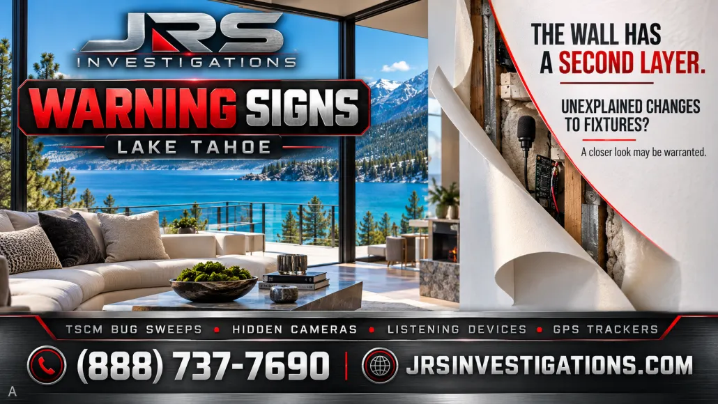 Illustration of a concealed microphone behind a wall in a Lake Tahoe home — JRS Investigations warning signs