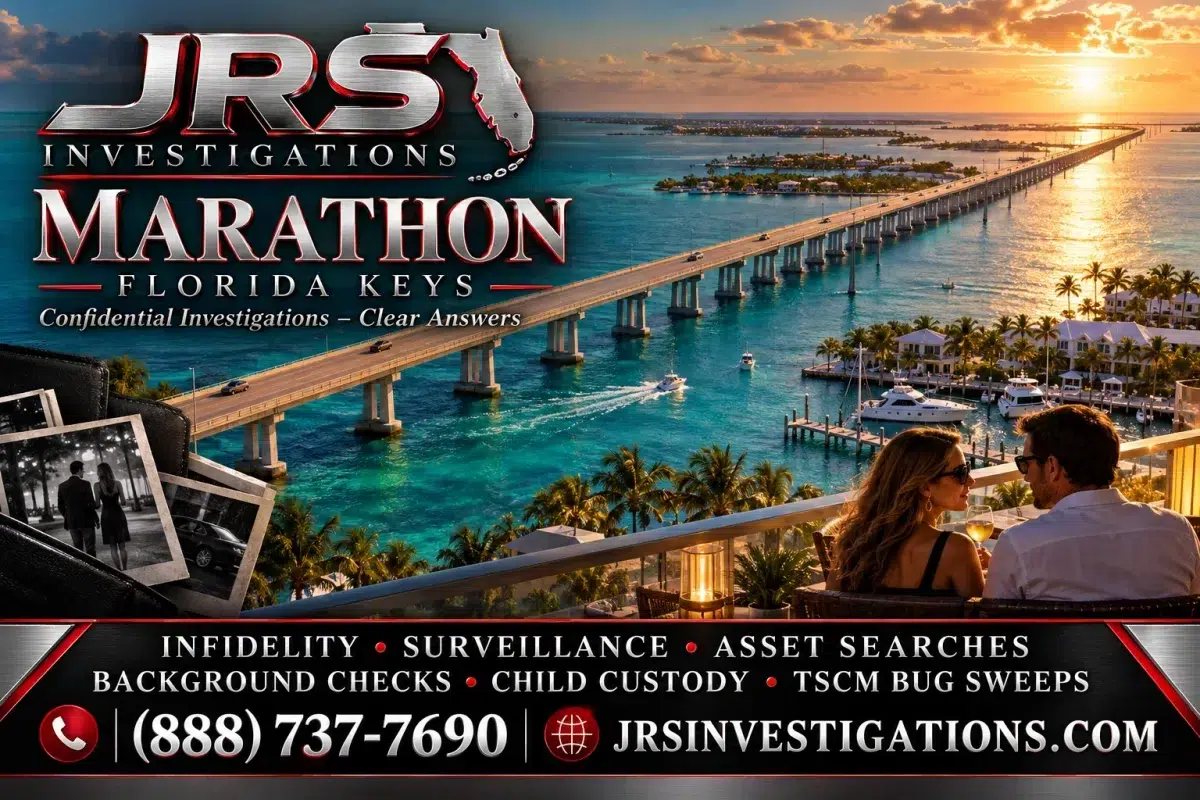 JRS Investigations Marathon artwork with the Seven Mile Bridge, Florida Keys waterfront and investigation services.