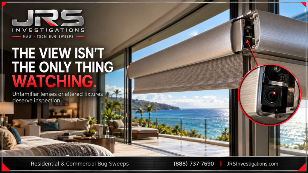 Illustration of a concealed camera in window blinds in a Maui oceanfront suite, highlighting altered fixtures for professional inspection