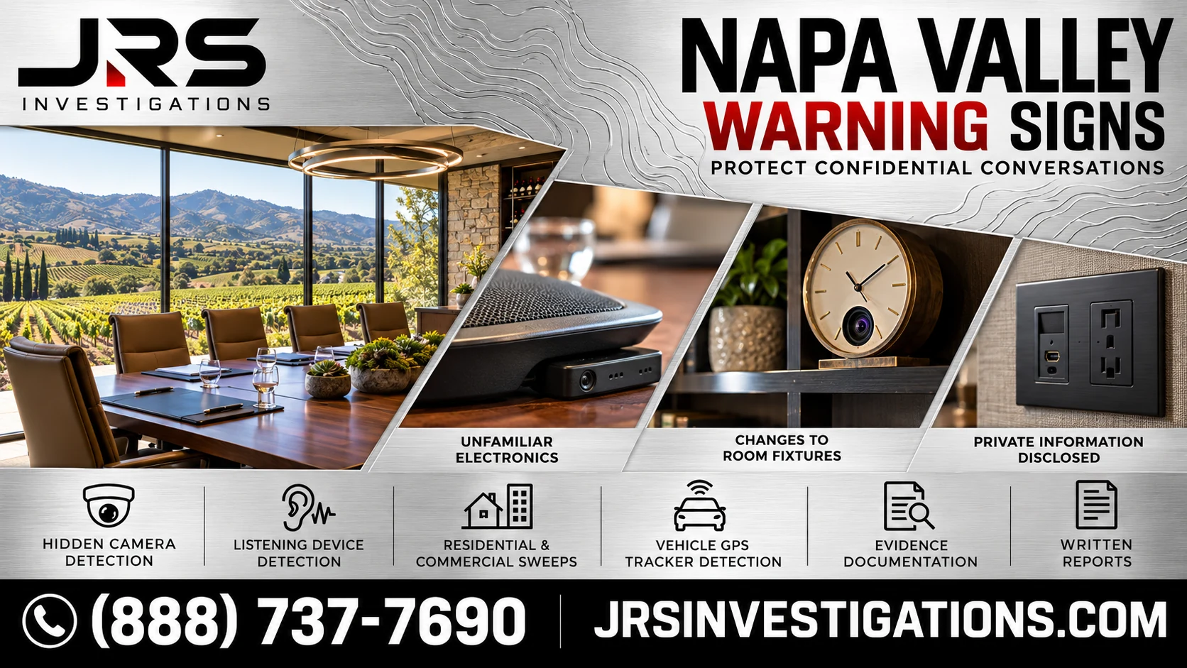 Confidential meetings deserve privacy: JRS Investigations Napa Valley technical surveillance countermeasures warning.