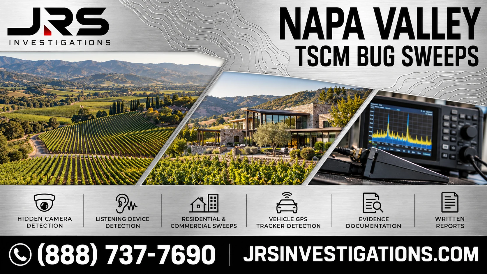 JRS Investigations Napa Valley TSCM bug sweeps, hidden camera and listening device detection, with confidential consultation contact information.