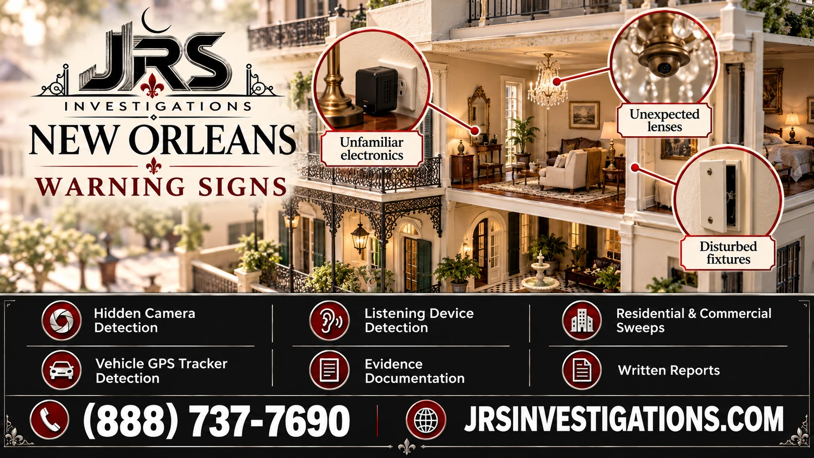 New Orleans surveillance warning signs: unfamiliar electronics, unexpected lenses and disturbed fixtures.