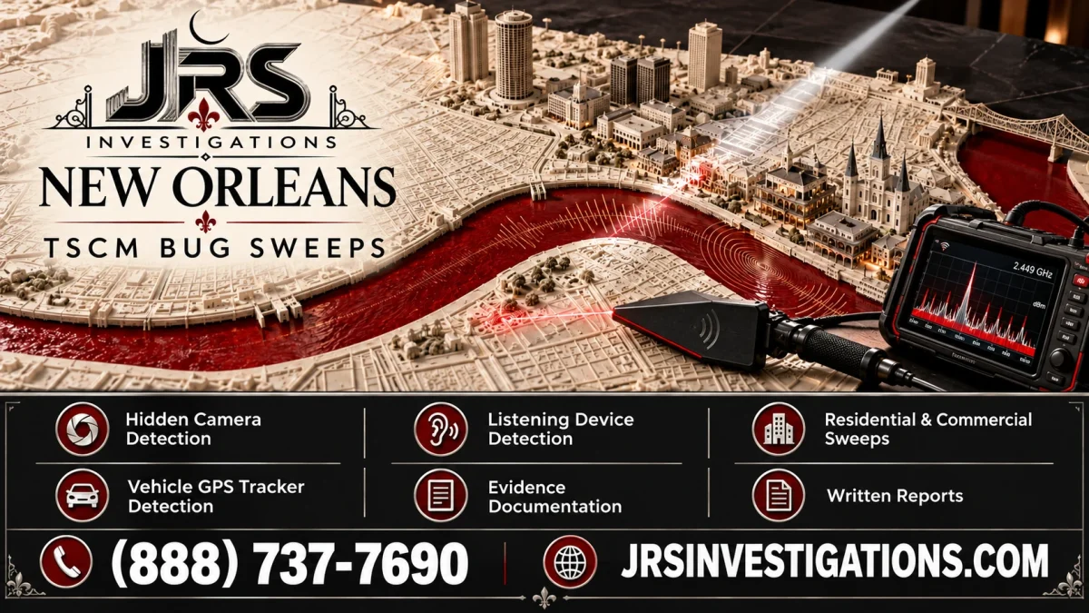 JRS Investigations New Orleans TSCM bug sweeps with an ivory city map, red Mississippi River and detection equipment.