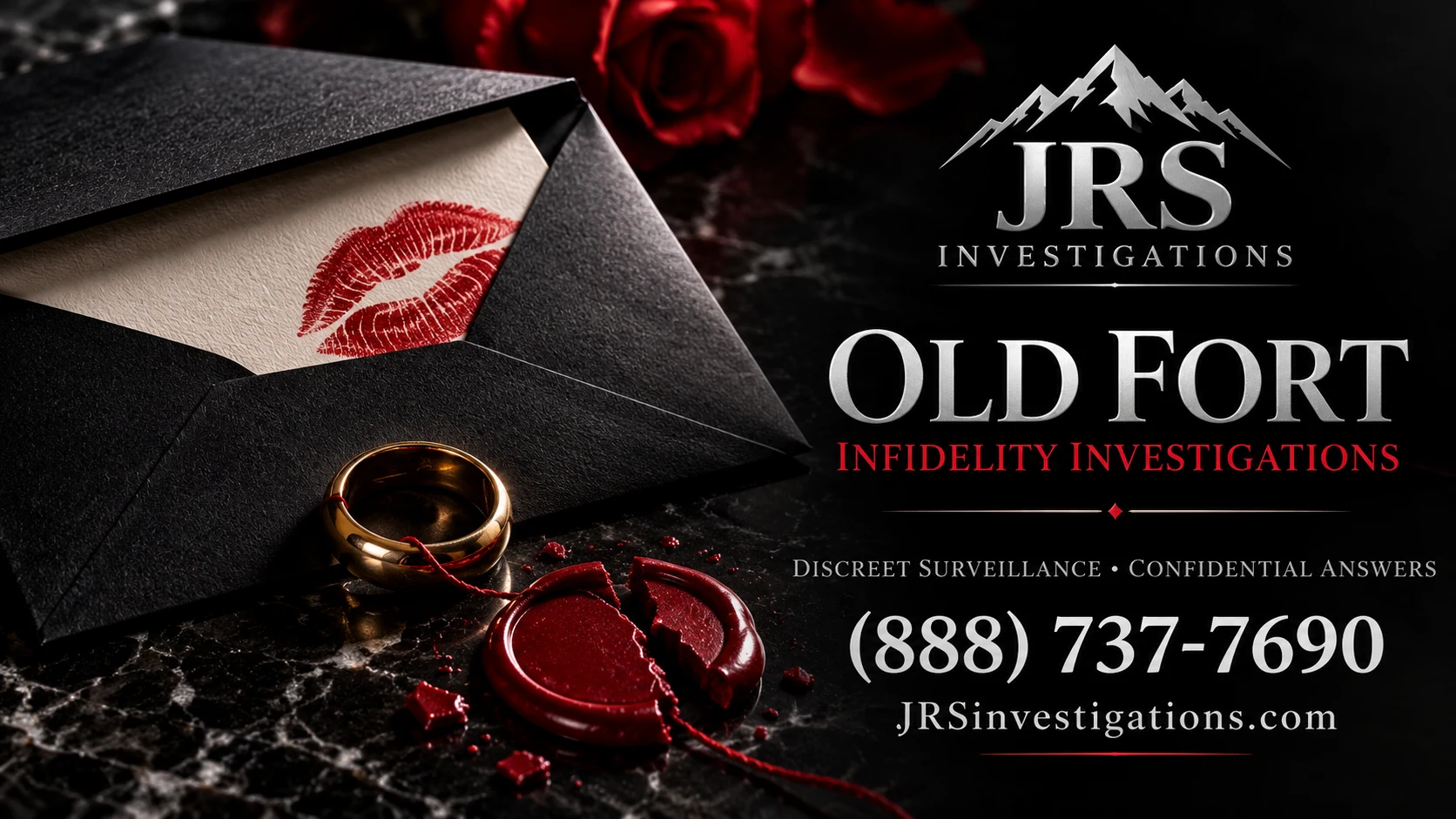 Old Fort infidelity investigations banner featuring a lipstick-marked letter, wedding ring and broken red wax seal.