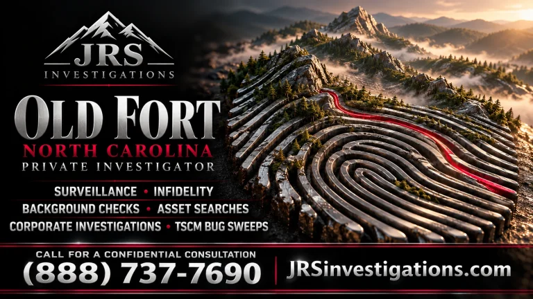 JRS Investigations Old Fort, North Carolina banner with a silver mountain fingerprint, investigation services and (888) 737-7690.