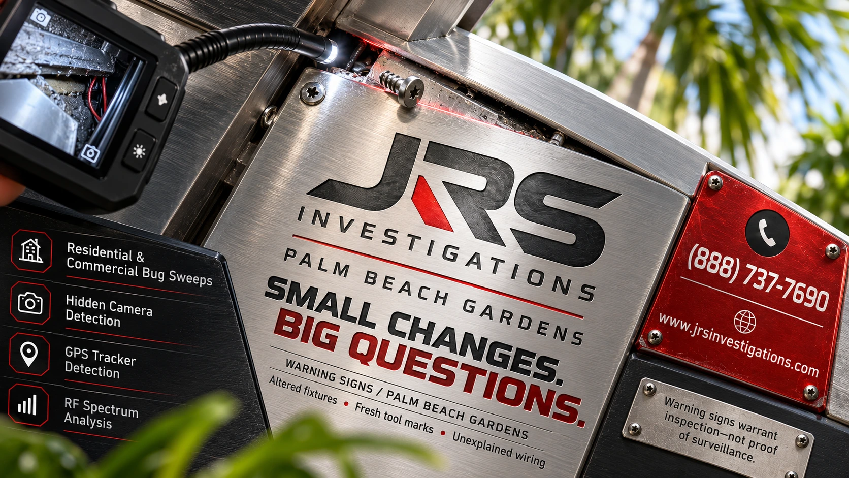 Palm Beach Gardens surveillance warning signs: altered fixtures, fresh tool marks and unexplained wiring warrant inspection, not proof of surveillance. JRS Investigations (888) 737-7690.