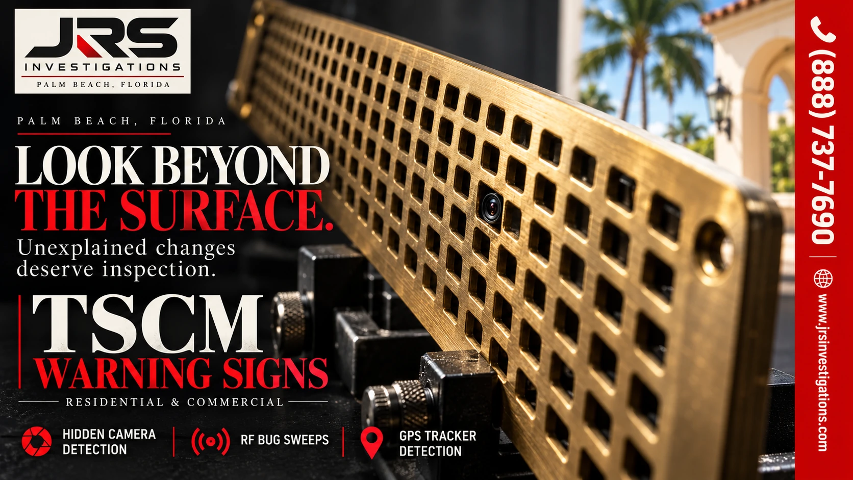 JRS Investigations Palm Beach TSCM warning signs: Beyond the Surface, brass grille with red inspection marker.