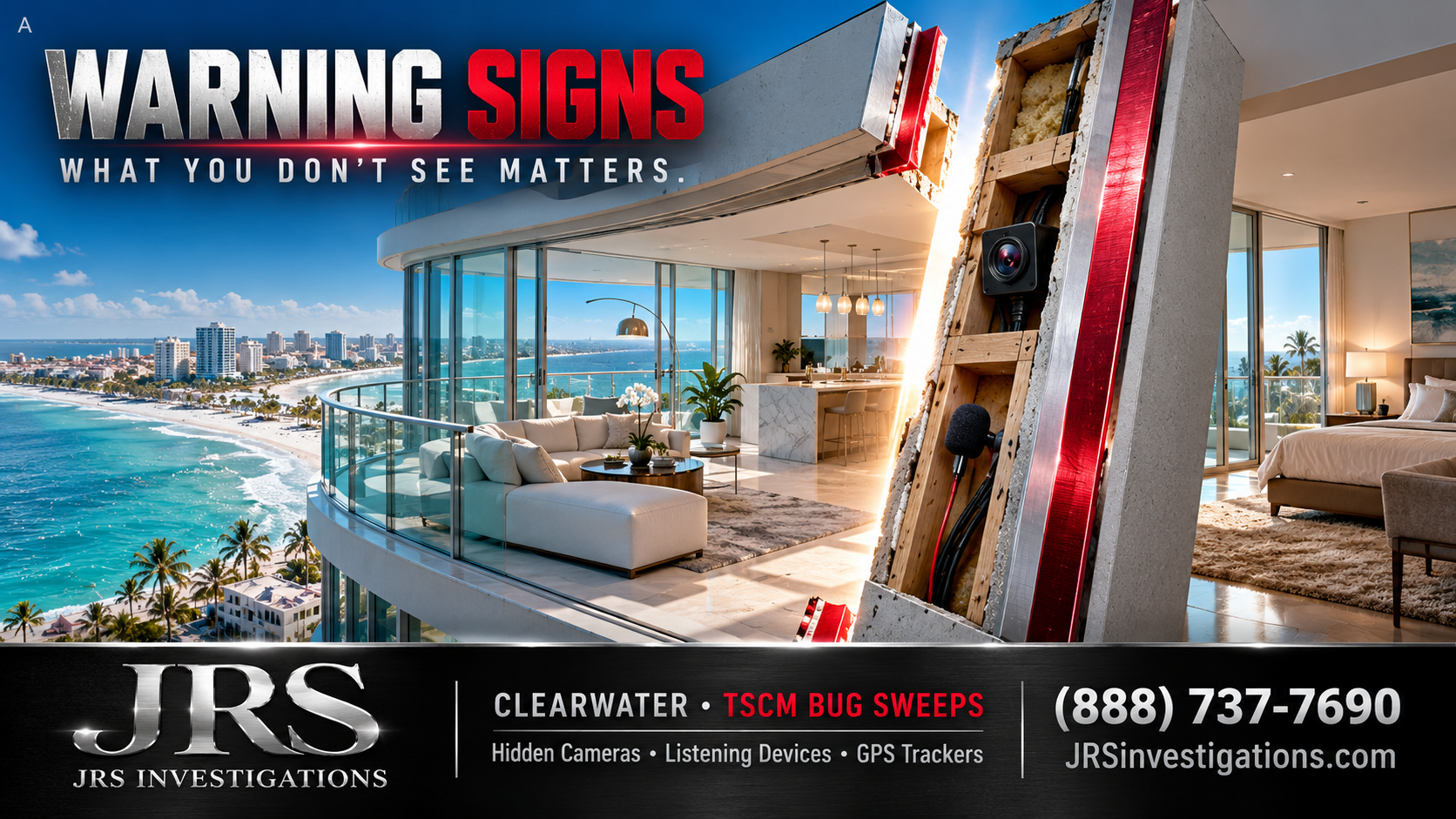Clearwater penthouse cutaway revealing hidden cameras and listening devices — JRS Investigations TSCM bug sweeps