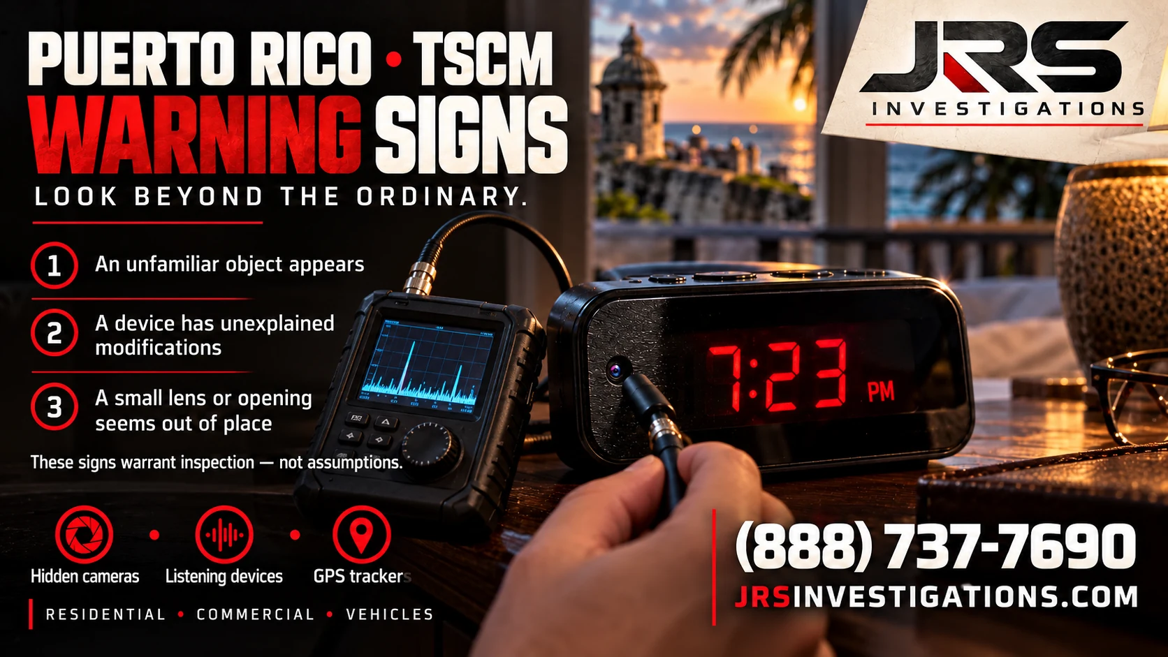Puerto Rico TSCM warning signs: unfamiliar objects, unexplained modifications and out-of-place lenses; professional RF receiver and probe inspecting a clock. These signs warrant inspection, not assumptions.
