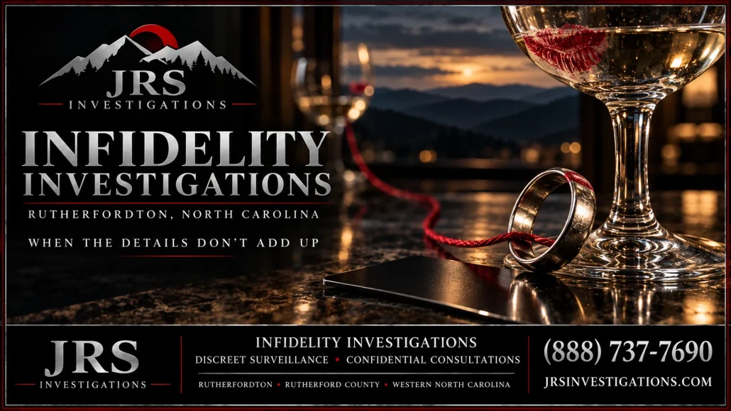 Rutherfordton infidelity investigations banner with wedding ring, crimson thread and lipstick-marked glass
