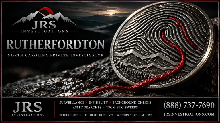 JRS Investigations Rutherfordton private investigator banner featuring a silver fingerprint and crimson thread