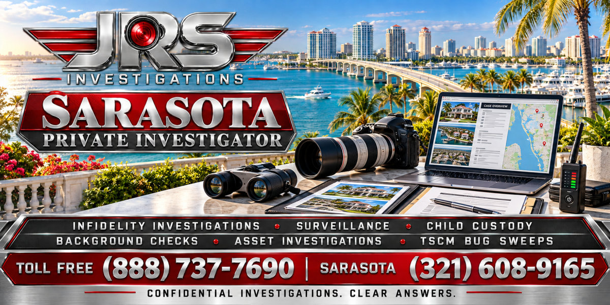 JRS Investigations Sarasota private investigator artwork with waterfront, investigation equipment, services and consultation phone numbers