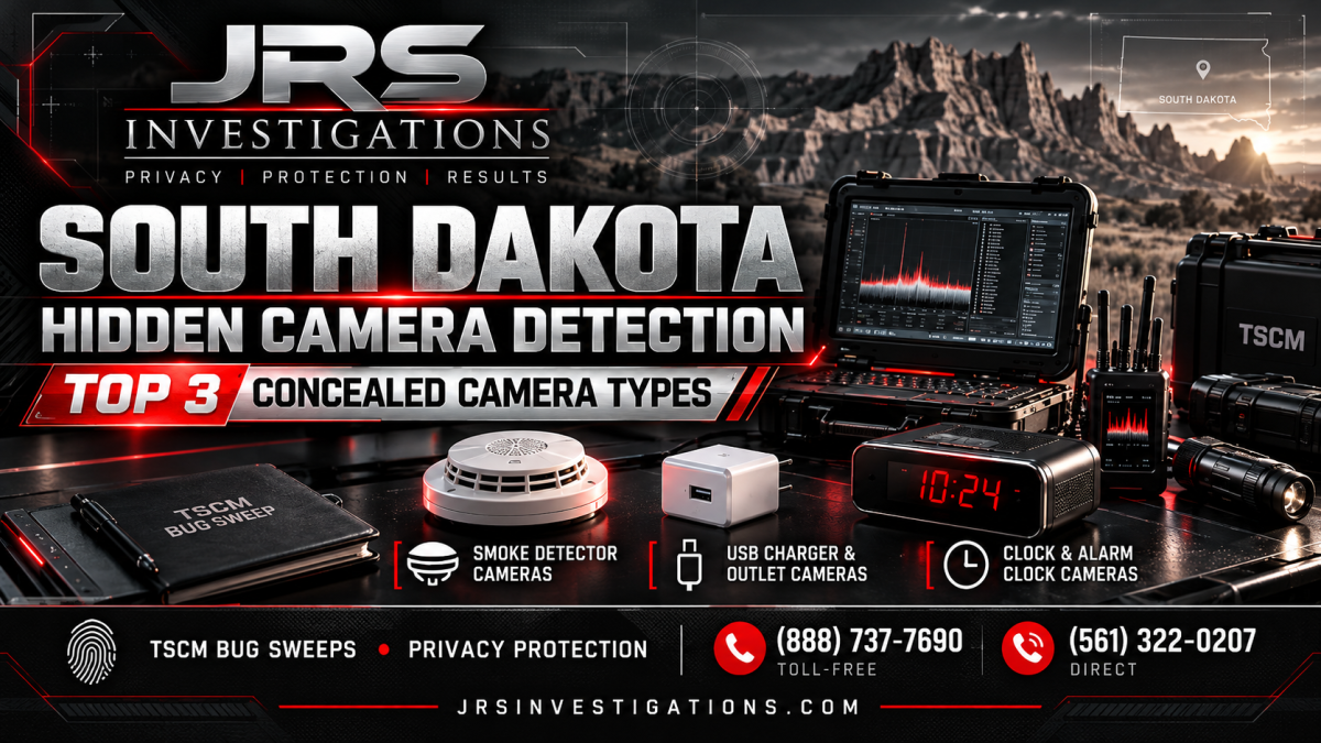 South Dakota TSCM bug sweep equipment with hidden cameras disguised as a smoke detector, USB charger and alarm clock.