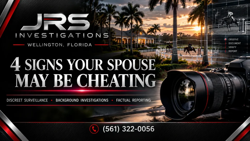 JRS Investigations Wellington, Florida infidelity investigator graphic showing an equestrian property, a surveillance camera and four possible signs of a cheating spouse