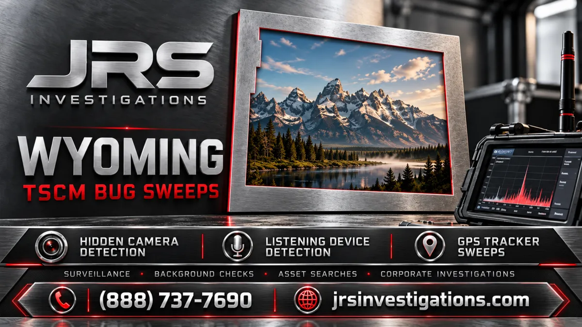 JRS Investigations Wyoming TSCM bug sweeps, hidden camera and listening device detection, and GPS tracker sweeps. Call (888) 737-7690.