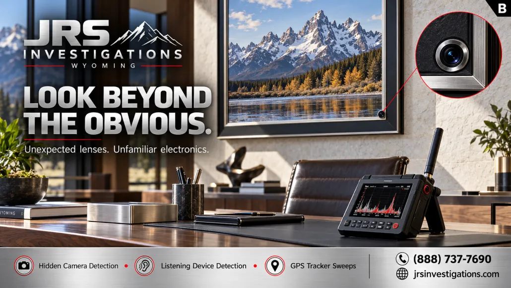 Look beyond the obvious: unfamiliar electronics and concealed camera lenses. JRS Investigations Wyoming TSCM services.