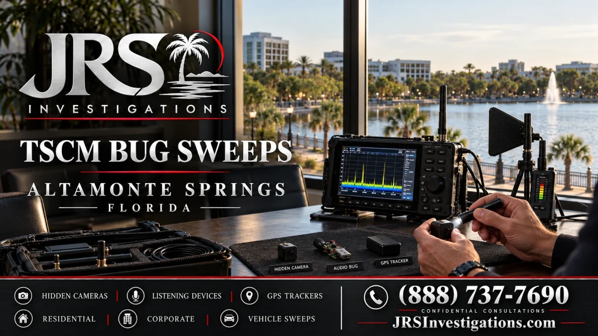 JRS Investigations Altamonte Springs TSCM bug sweeps featuring surveillance detection equipment and hidden camera, audio bug and GPS tracker examples.