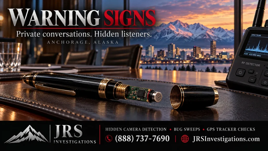 Illustration of a concealed recorder inside a pen with Anchorage mountains behind it, for JRS Investigations TSCM bug sweeps.