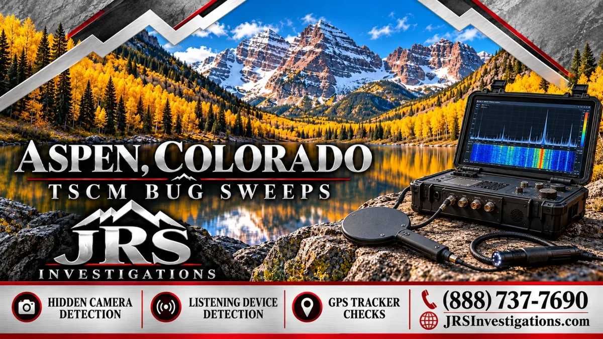 Aspen Maroon Bells and golden aspen trees with TSCM inspection equipment and JRS Investigations branding.