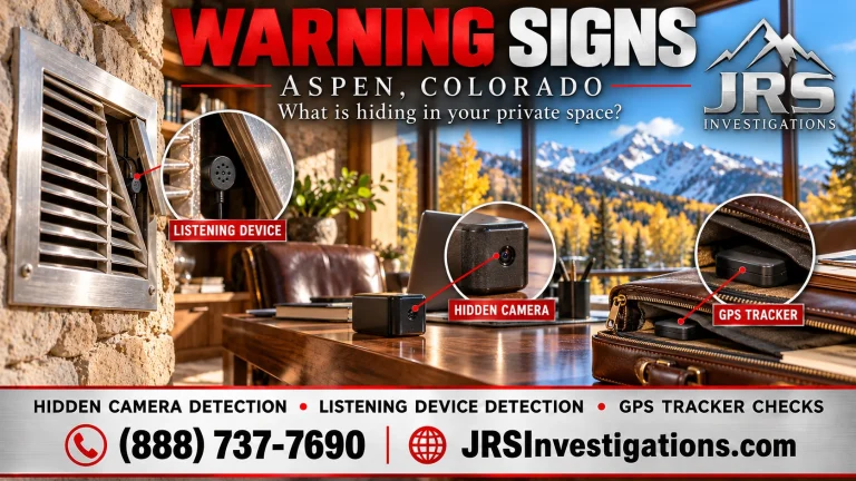 Illustration of a concealed microphone behind a vent, a hidden camera and a tracker inside a briefcase in an Aspen home office.