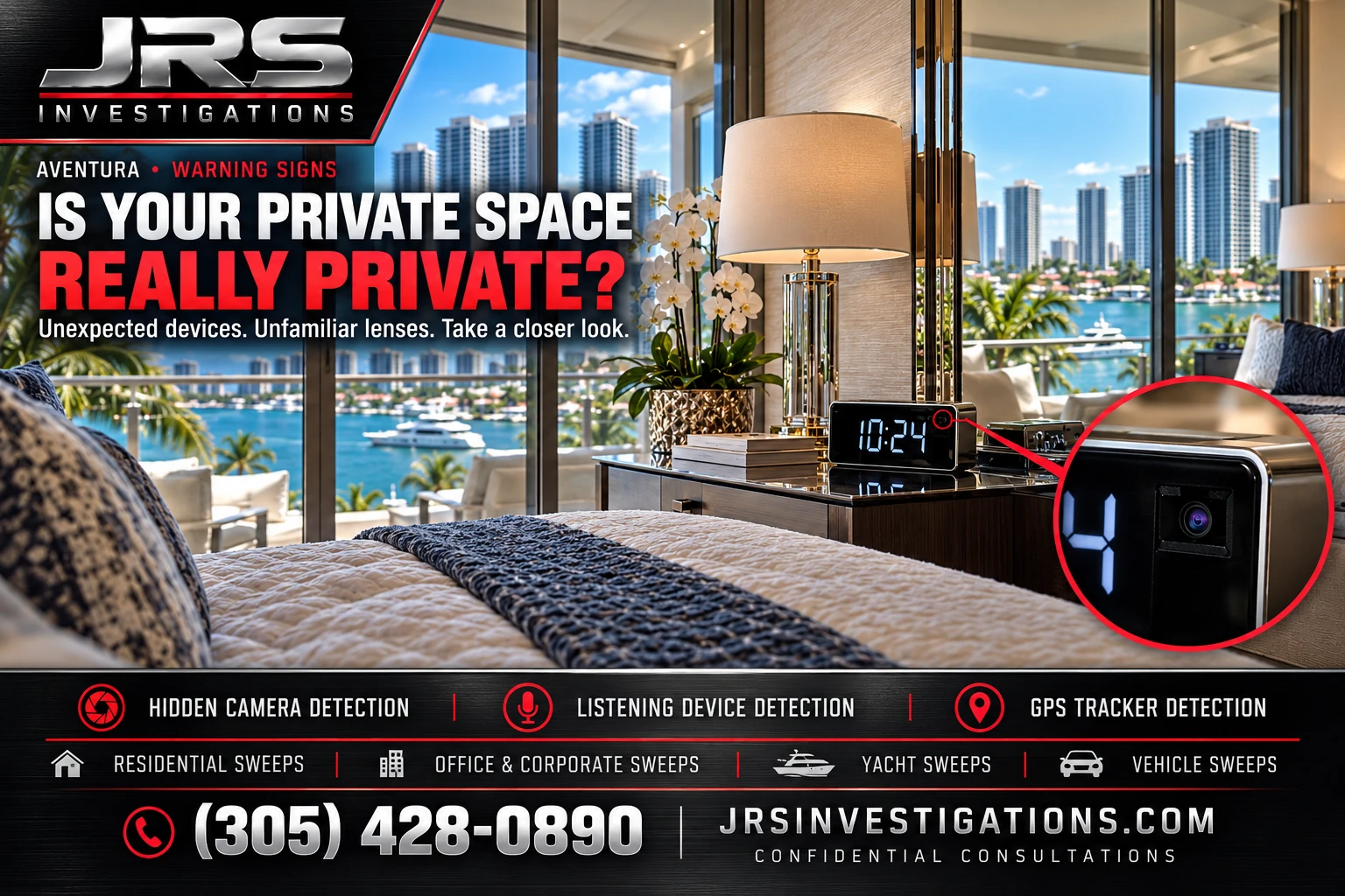 Aventura waterfront bedroom with a hidden camera illustrated inside a bedside clock; JRS Investigations, (305) 428-0890.