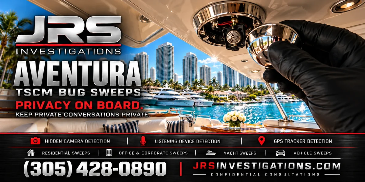 JRS Investigations Aventura TSCM bug sweeps banner showing a yacht listening-device inspection, with local contact number 305-428-0890.