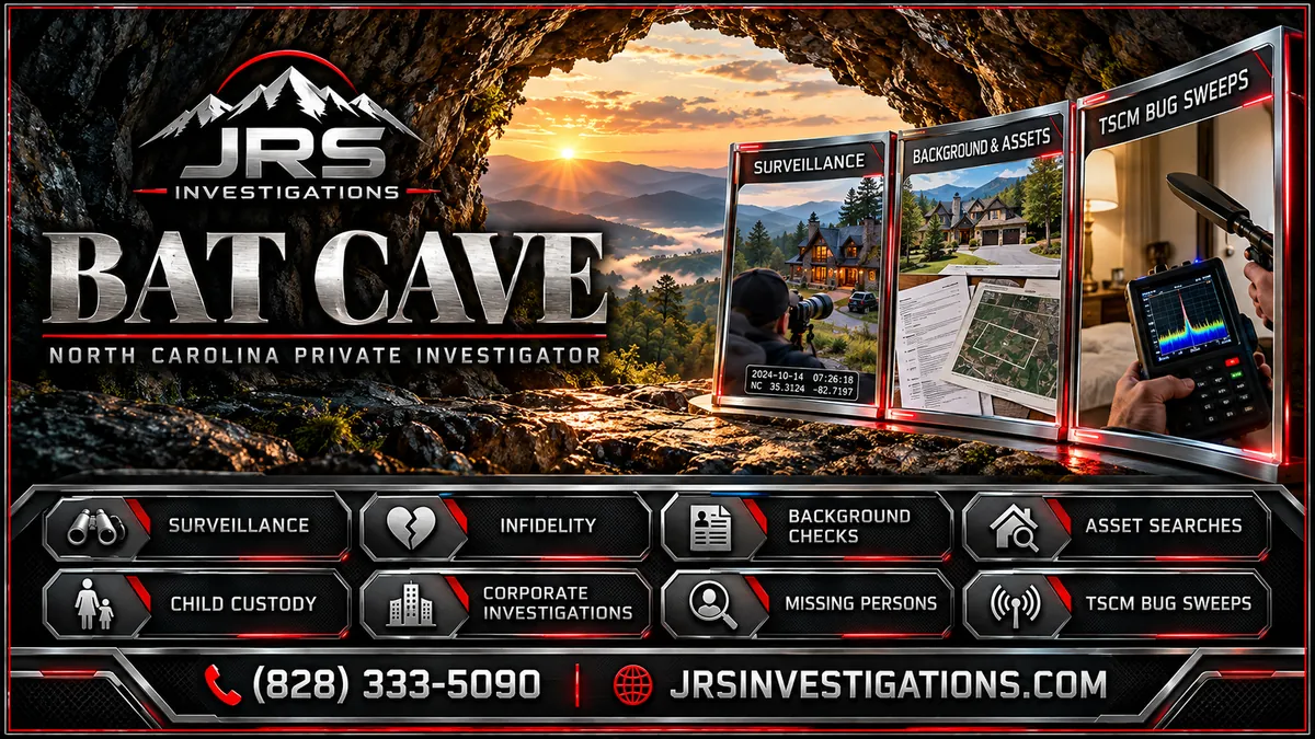 JRS Investigations Bat Cave private investigator services with cave and mountain artwork