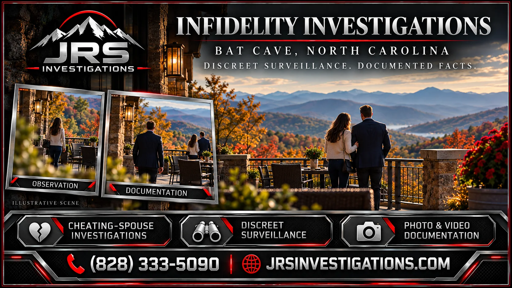 Illustrative Bat Cave infidelity surveillance and photo documentation scene with JRS Investigations contact information