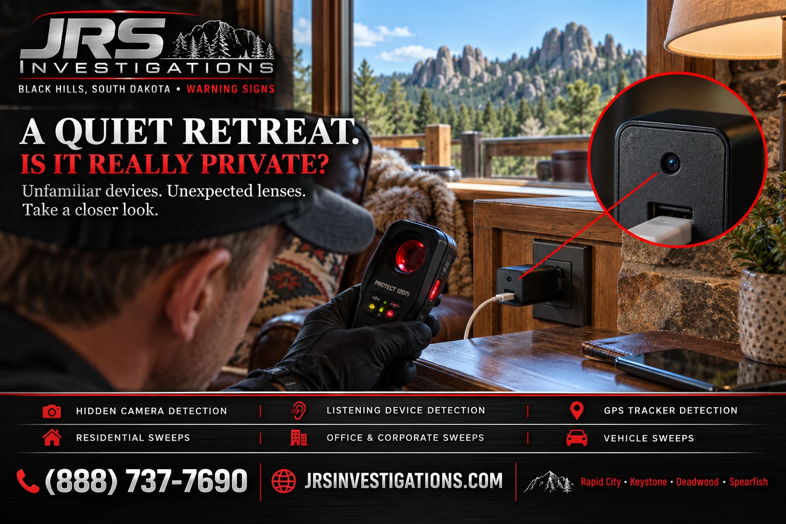 Black Hills lodge hidden-camera inspection illustrating a camera concealed in a USB charger; JRS Investigations.