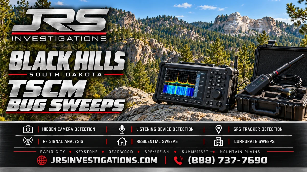 JRS Investigations Black Hills South Dakota TSCM bug sweeps with professional spectrum analysis equipment and mountain scenery.