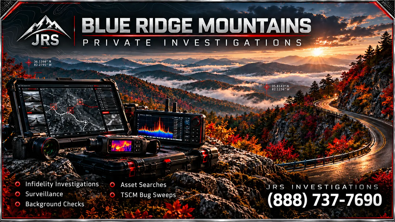 JRS Investigations Blue Ridge Mountains private investigation services with modern investigative equipment