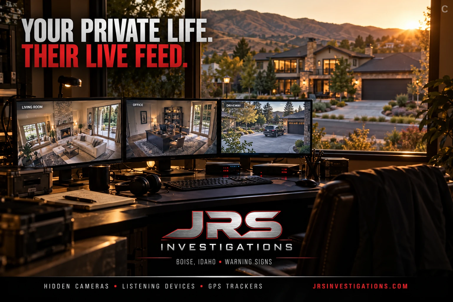 Conceptual surveillance scene showing a Boise home's private spaces on monitoring screens, JRS Investigations
