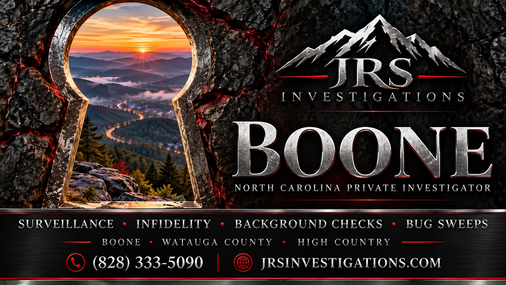 Silver mountain keyhole artwork for JRS Investigations, Boone North Carolina private investigator