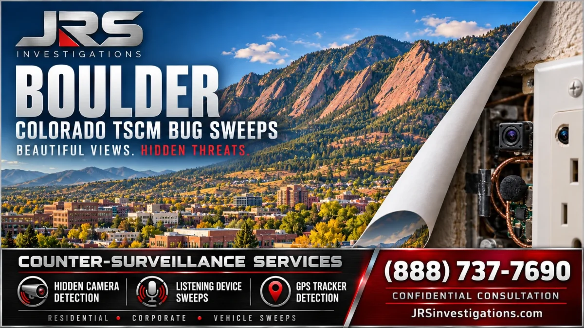Boulder Flatirons peel-back illustration revealing hidden surveillance, JRS Investigations TSCM bug sweeps