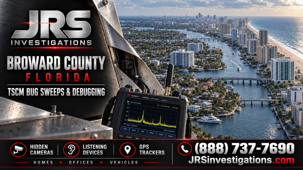 Broward County coastline with TSCM inspection equipment and JRS Investigations branding