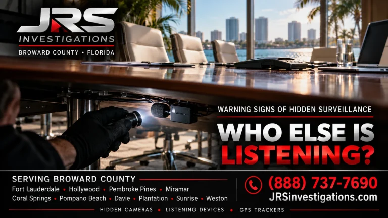 Illustrative inspection revealing a listening device beneath a Broward County conference table