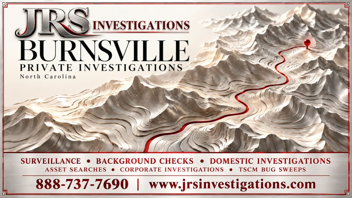 JRS Investigations Burnsville private investigator branding with sculpted silver terrain and a red route
