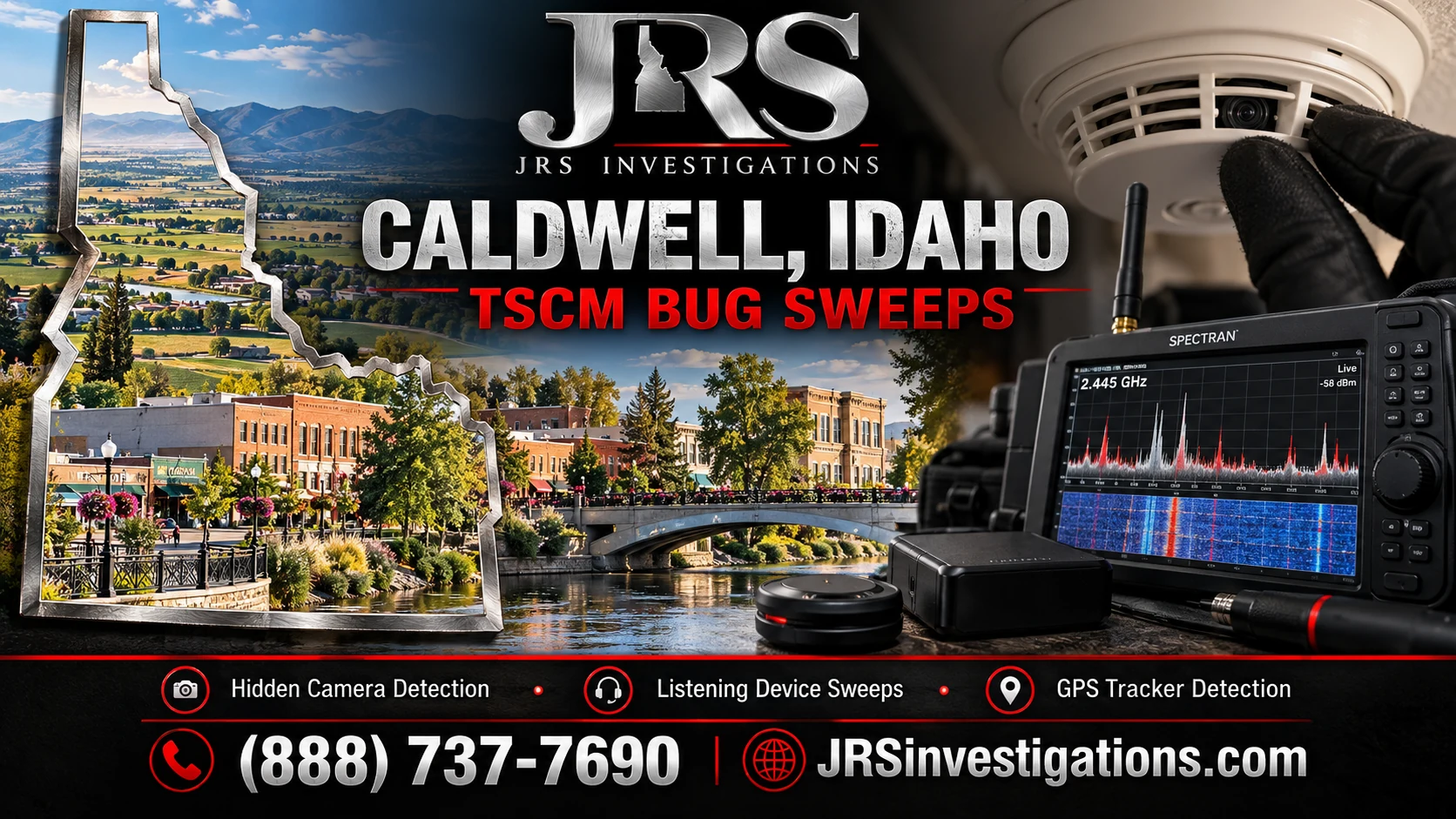 JRS Investigations Caldwell Idaho bug sweeps with Idaho outline, local scenery and detection equipment