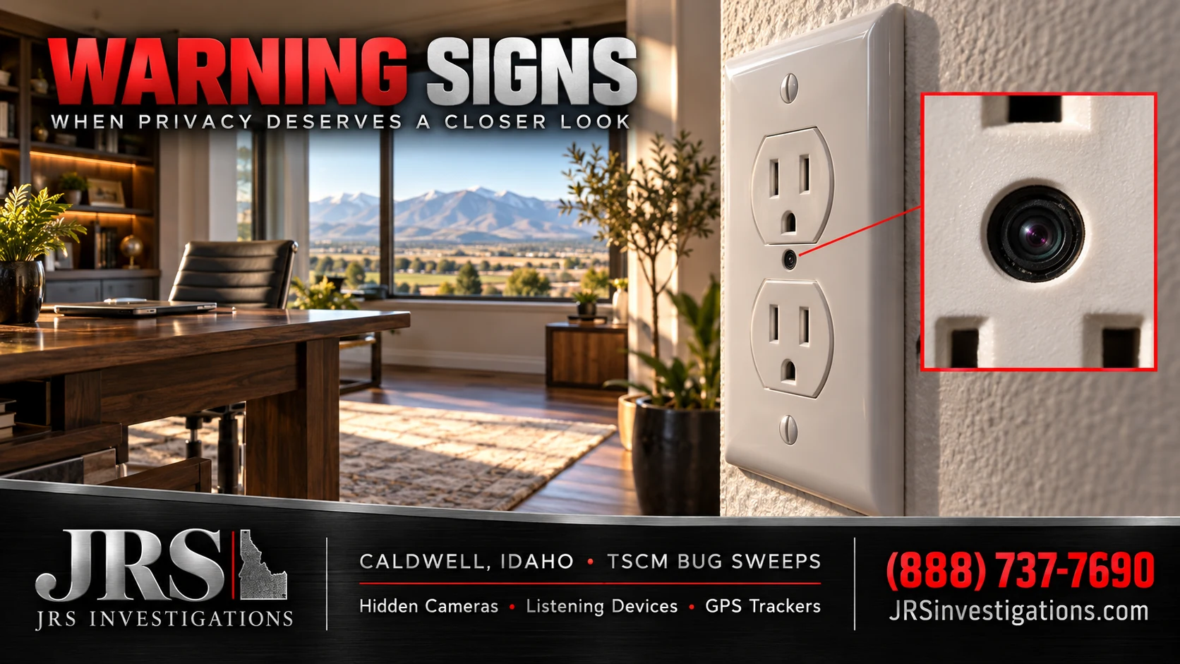 Illustration of a hidden camera concealed in an outlet — Caldwell TSCM bug sweeps by JRS Investigations